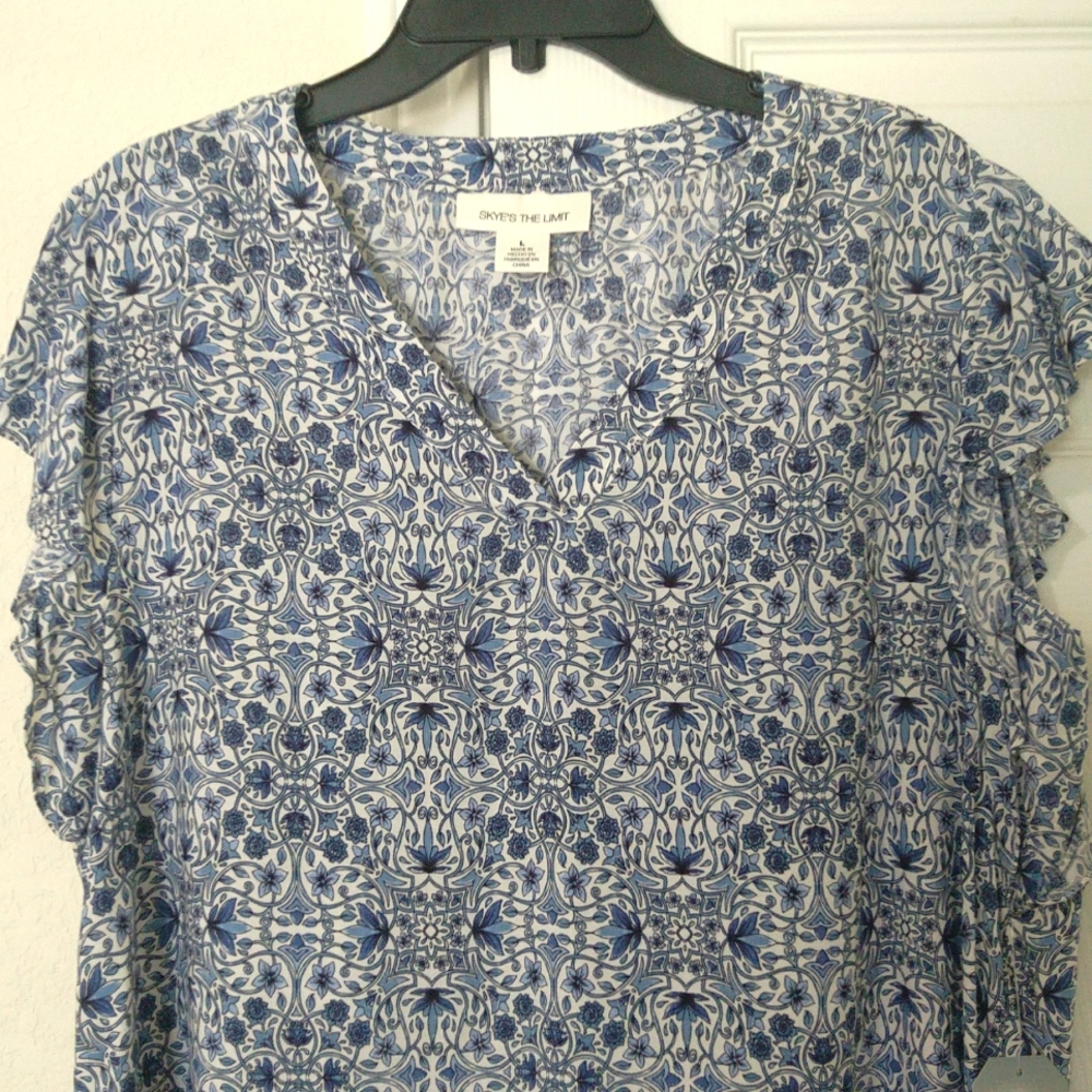 Skye's the limit women's floral blue/white v neck shift midi dress Size L - Picture 4 of 9